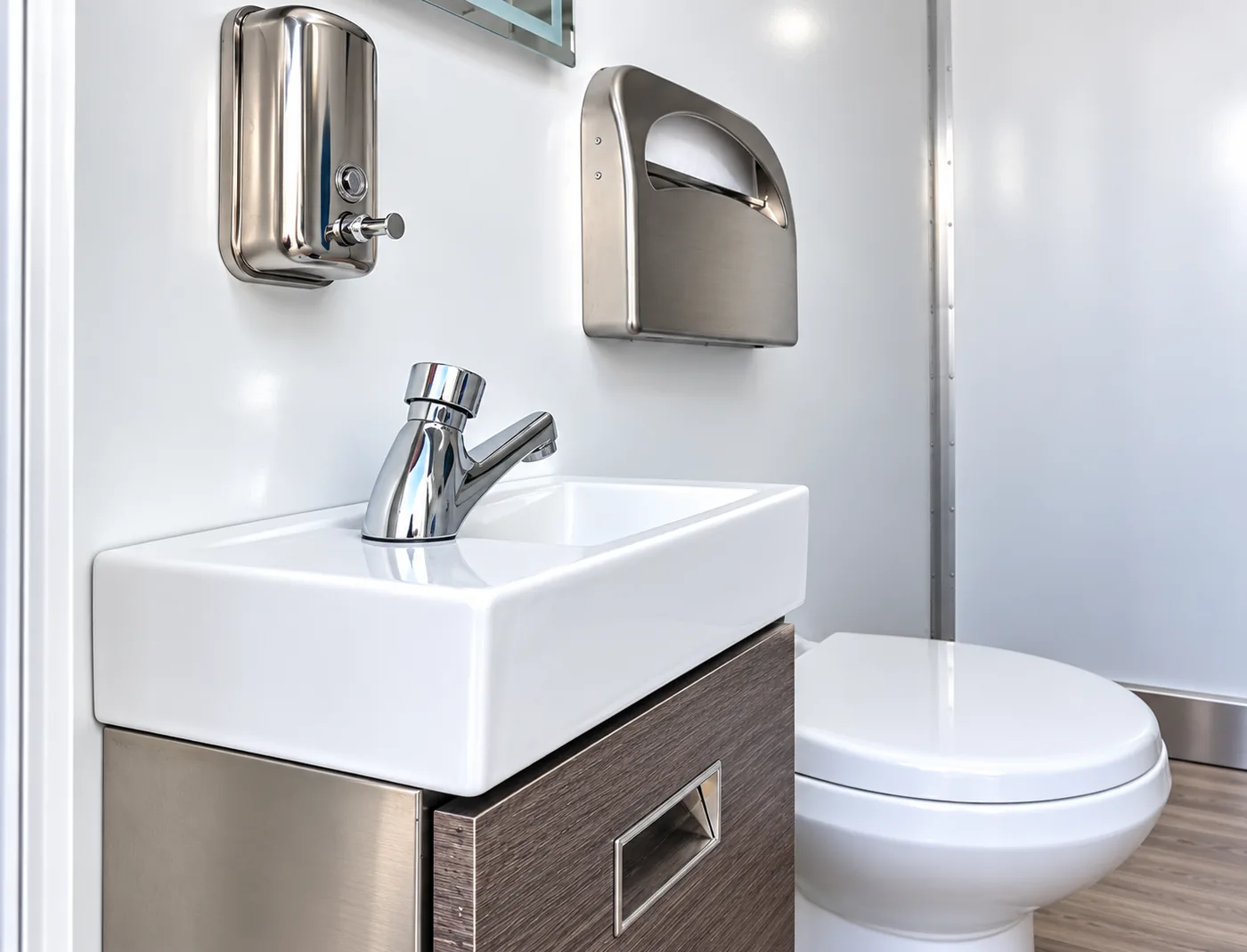 Mobile restroom trailer sink and vanity interior