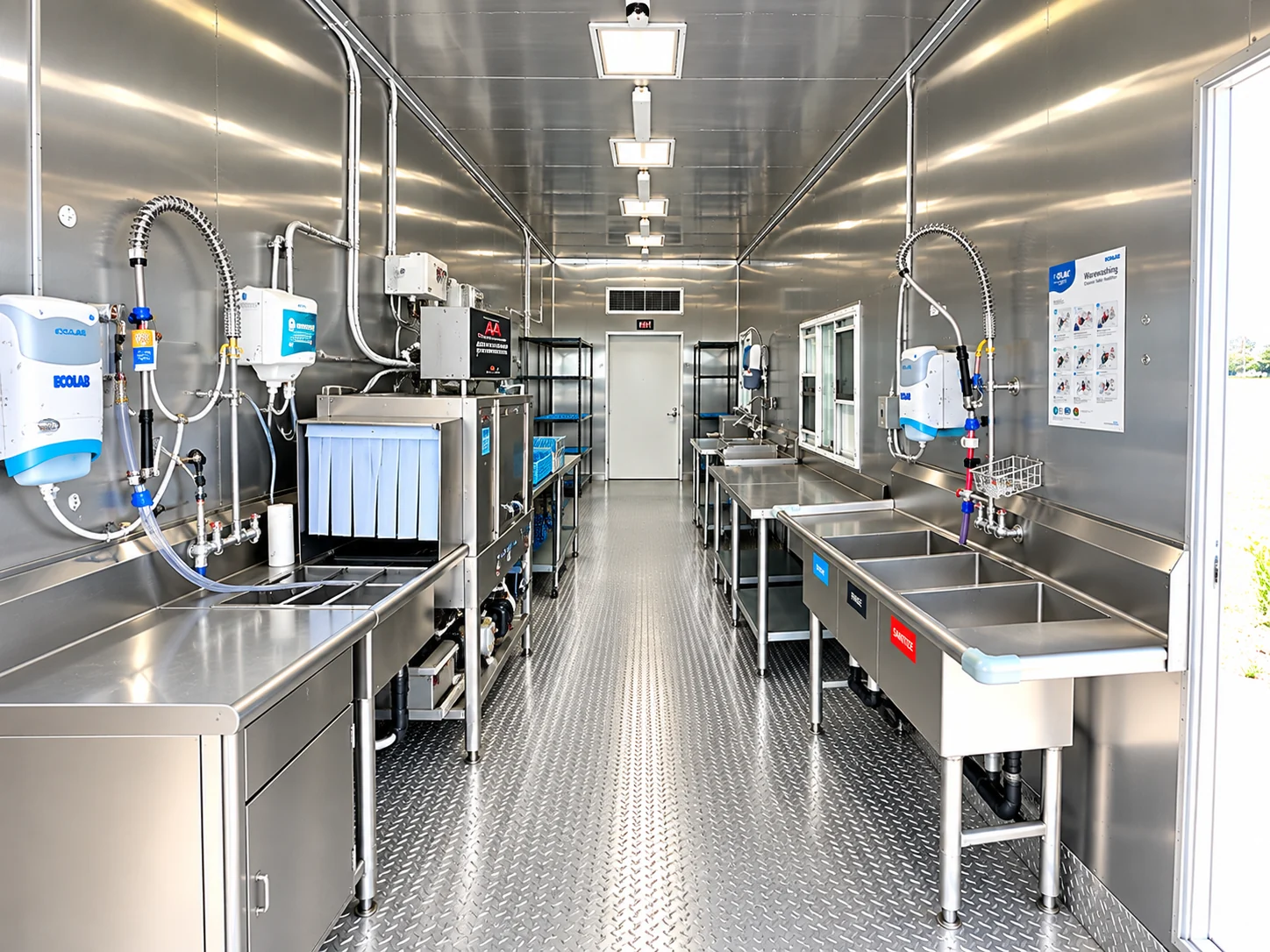 Commercial dishwashing trailer interior with stainless-steel sinks, work surfaces and a dishwashing machine