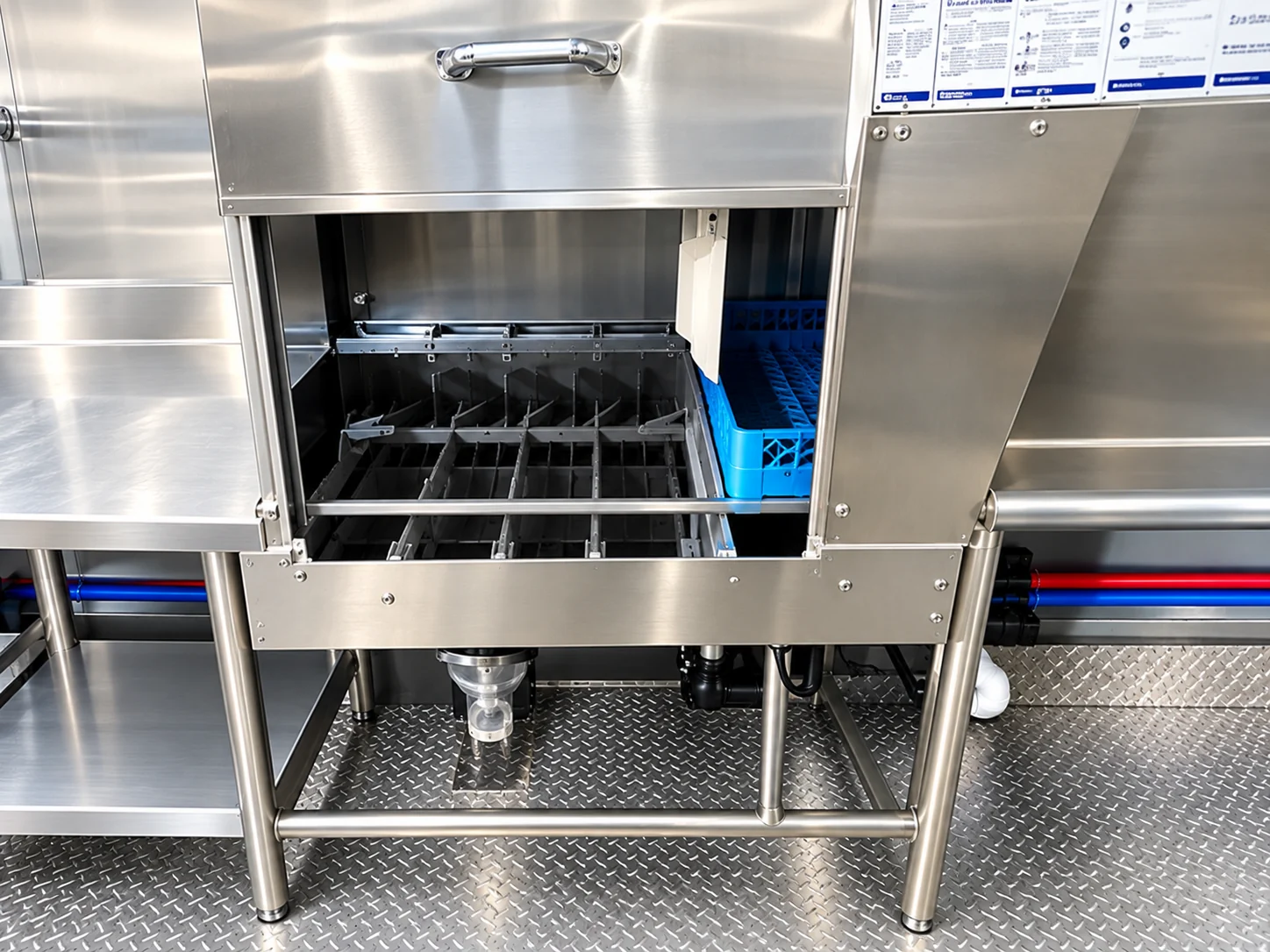Commercial dishwashing machine with its door open and a dish rack visible