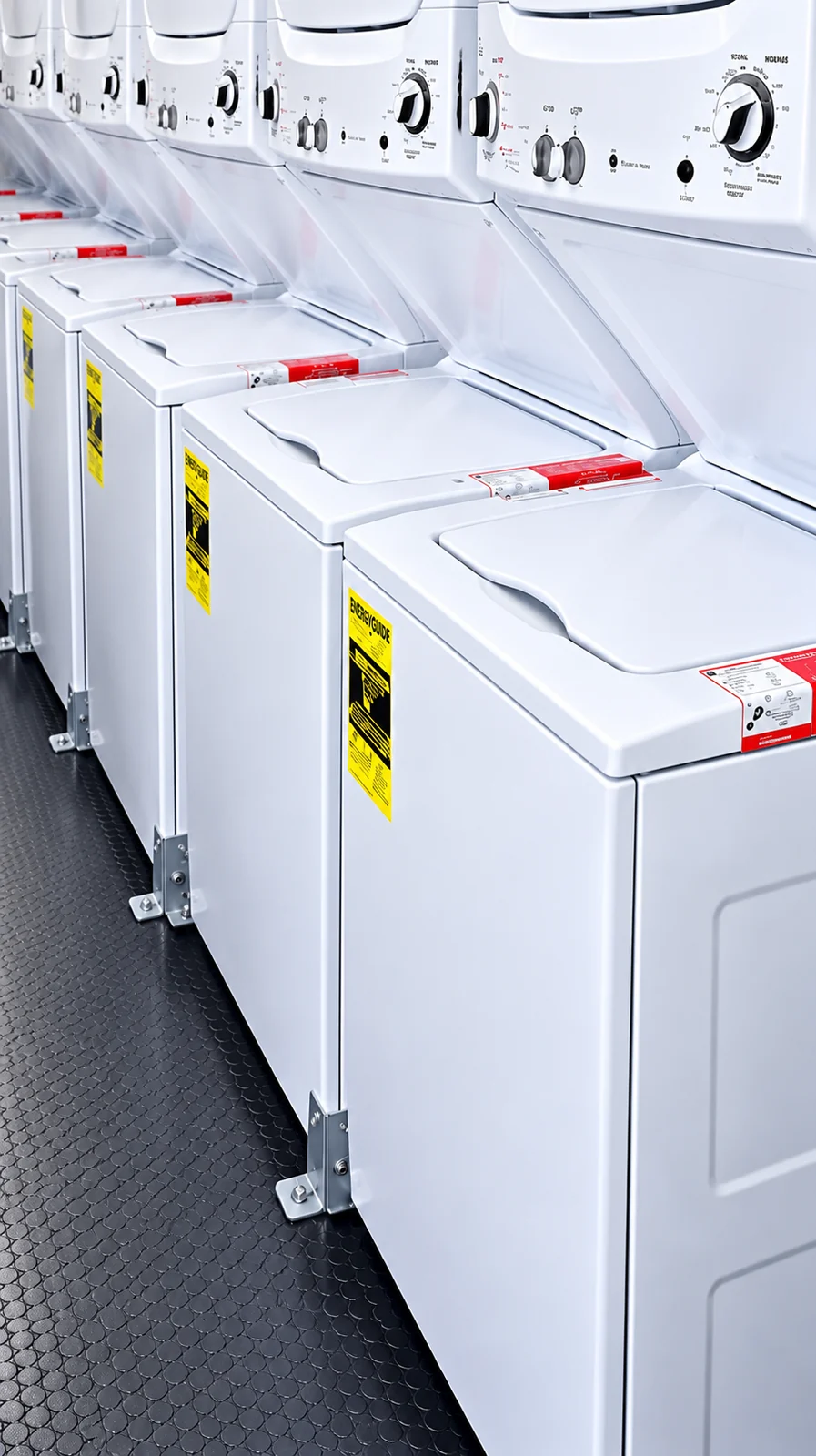 Laundry facility interior with a row of stacked washers and dryers