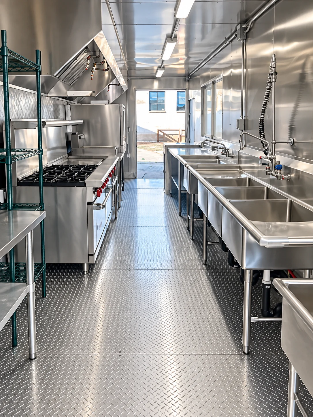 Mobile commercial kitchen interior with a cooking line, ventilation hood and stainless-steel sinks