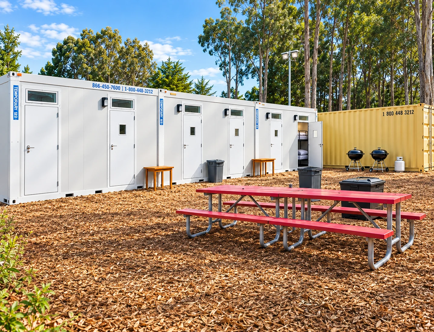 Grouped accommodation units beside an outdoor seating area; one component of a temporary base-camp arrangement