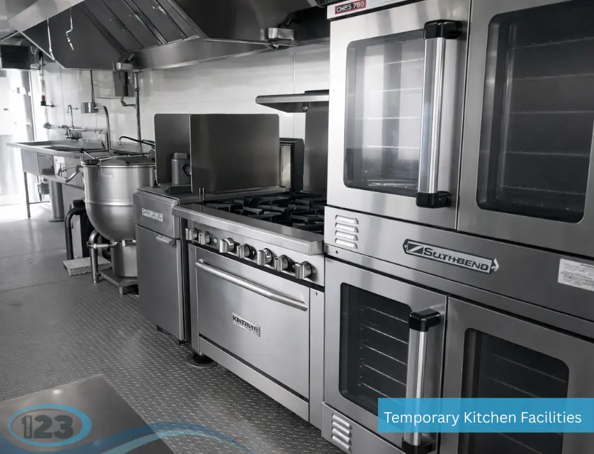 Interior of a temporary kitchen rental featuring double convection ovens, commercial range, mixer station, and stainless steel workspace.