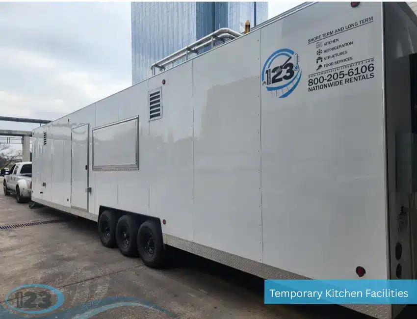 Large temporary kitchen trailer rental with triple-axle design for disaster relief, catering, construction projects, and commercial food service operations.