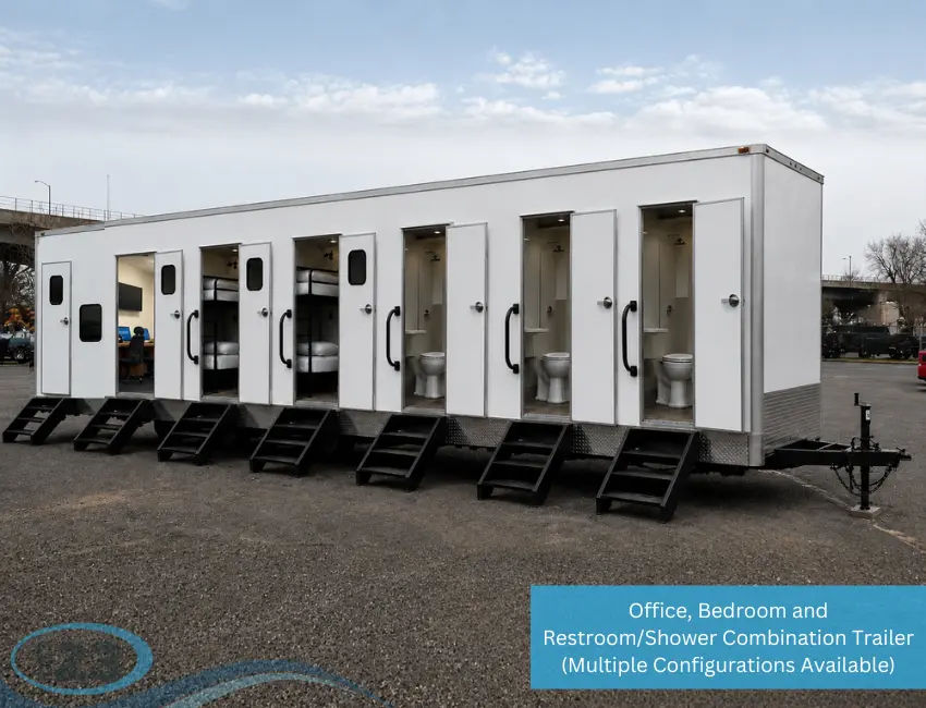 Office, bedroom, restroom and shower combination trailer with multiple interior configurations for workforce accommodations, remote camps, and temporary facilities.