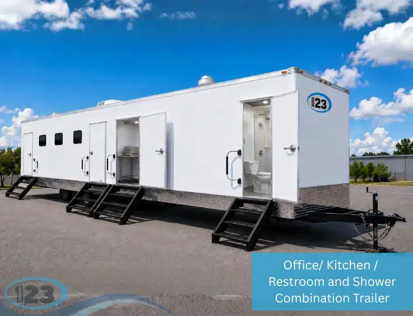 Mobile office, commercial kitchen, restroom and shower combination trailer for construction sites, disaster relief, military operations, and temporary facilities.