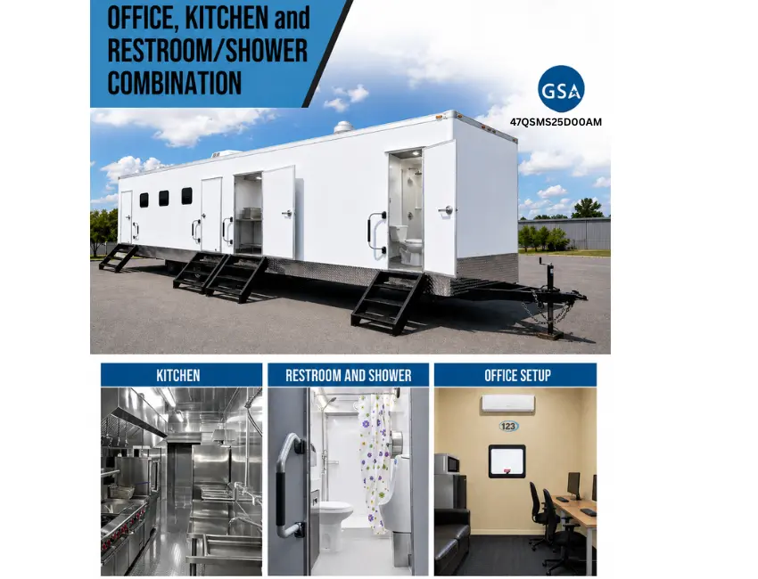 Office, commercial kitchen, restroom and shower combination trailer providing an all-in-one mobile workspace and food service solution for temporary operations.